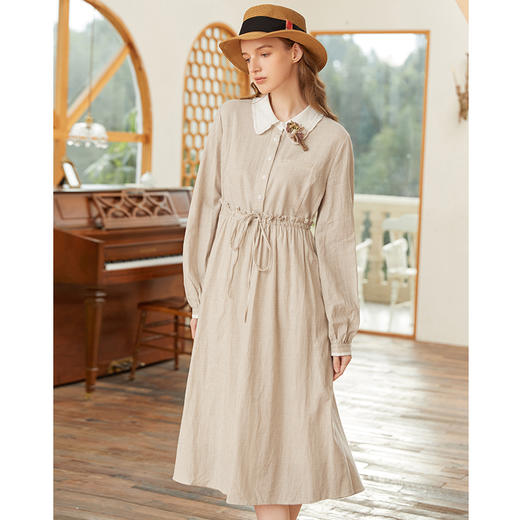 famecoco范可儿纯棉格子衬衫裙女春季中长款收腰系带连衣裙FAB1FA009 商品图3