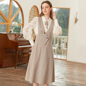 Famecoco范可儿原创设计斜门襟背带裙深V领连衣裙女FAB1FE002