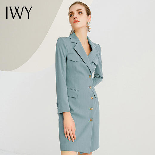 IWY/雾霾蓝连衣裙女长袖中长款裙子职业2022年秋冬简约气质宽松223215Q1 商品图1