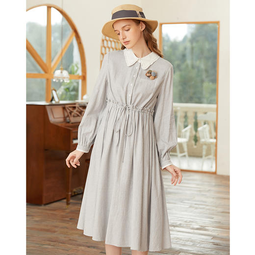 famecoco范可儿纯棉格子衬衫裙女春季中长款收腰系带连衣裙FAB1FA009 商品图1