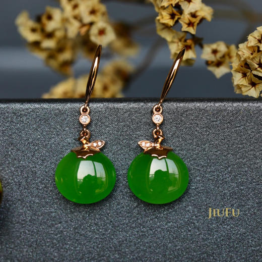 18K玫瑰金和田玉（碧玉）耳饰--事事如意/11*12mm/总长31mm/苹果绿 商品图0