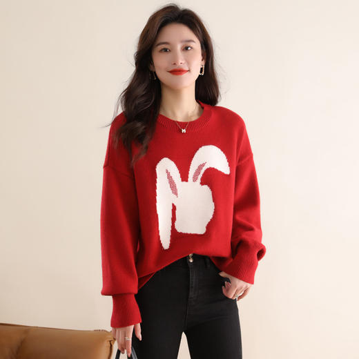兔年本命年衣服红色毛衣，时尚女装秋冬季圆领打底衫宽松加厚内搭CC-MYC2290 商品图3