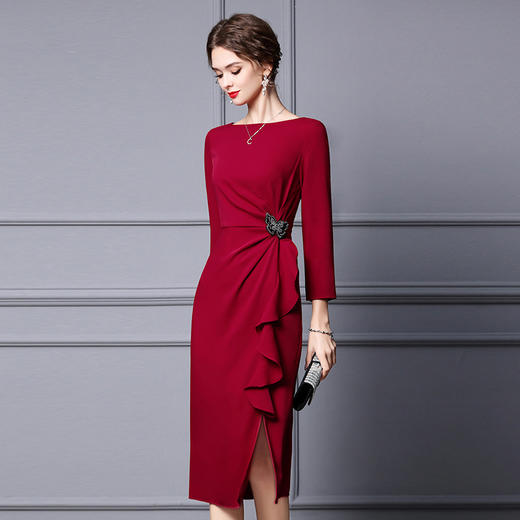 中年优雅气质荷叶边蝴蝶结收腰中长款裙ZL-KLO6003 商品图1