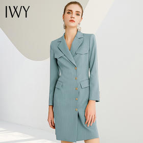 IWY/雾霾蓝连衣裙女长袖中长款裙子职业2022年秋冬简约气质宽松223215Q1