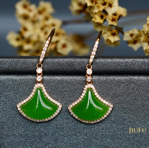 18K玫瑰金和田玉（碧玉）满钻耳饰--舞/扇形10*12mm/总长29mm/苹果绿 商品图1