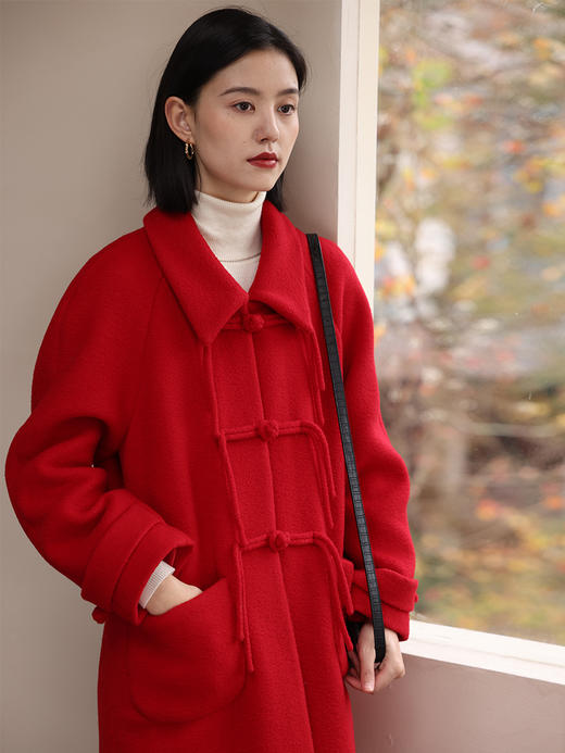 HeyDress中式国风盘扣毛呢外套女秋冬复古新年红圣诞红羊毛大衣 商品图3