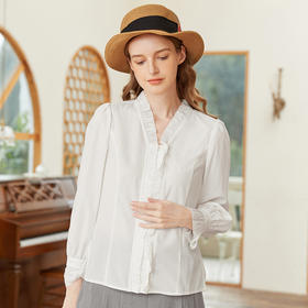 famecoco范可儿木耳边v领套头衬衫女长袖春季内搭上衣FAB1BA012