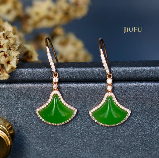 18K玫瑰金和田玉（碧玉）满钻耳饰--舞/扇形10*12mm/总长29mm/苹果绿 商品图0