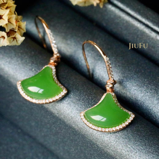 18K玫瑰金和田玉（碧玉）满钻耳饰--舞/扇形10*12mm/总长29mm/苹果绿 商品图2