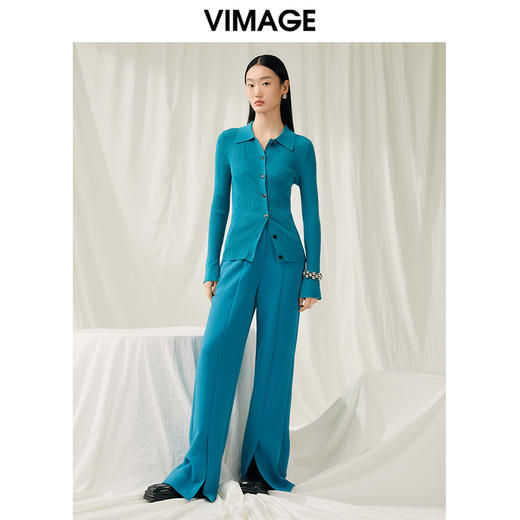 VIMAGE纬漫纪春季新款高腰纯色显瘦开叉裤子V1905502 商品图1