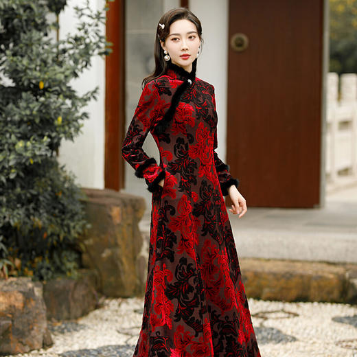 秋冬毛领加绒大摆裙，彩金提花改良旗袍丝绒国风优雅KY-83599 商品图3