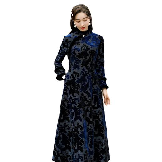 秋冬毛领加绒大摆裙，彩金提花改良旗袍丝绒国风优雅KY-83599 商品图4