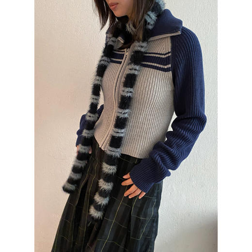 CryingCenter 拼色条纹短款双向拉链高领毛衣针织开衫 哭喊中心 商品图3