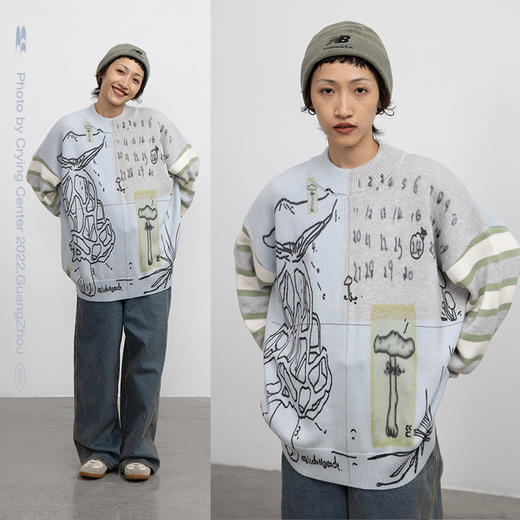 CryingCenter 蘑菇日记 宽松圆领套头 条纹袖子 拼色毛衣 商品图1