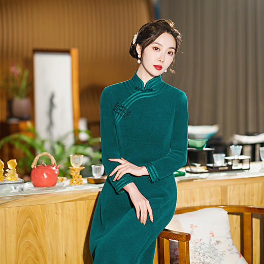 【舒悦】金貂绒面料改良A版修身显瘦遮肚优雅风复古旗袍TY-929 商品图0