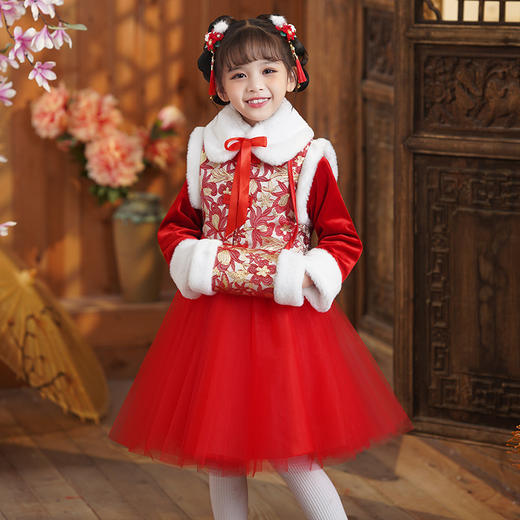 DY-9905汉服儿童拜年服套装冬款加绒女孩中国风唐装新年演出服女童裙 商品图0