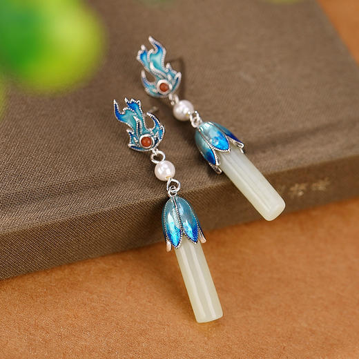 S925纯银镀金，和田玉国潮景泰蓝火焰郁金香长款耳钉耳坠耳饰CW-225 商品图2