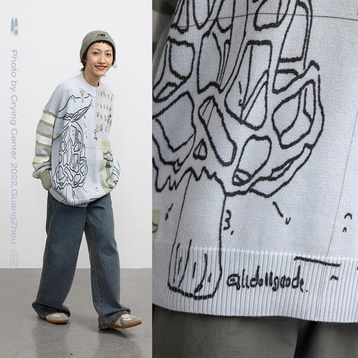 CryingCenter 蘑菇日记 宽松圆领套头 条纹袖子 拼色毛衣 商品图3