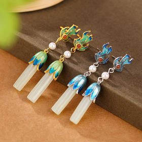 S925纯银镀金，和田玉国潮景泰蓝火焰郁金香长款耳钉耳坠耳饰CW-225