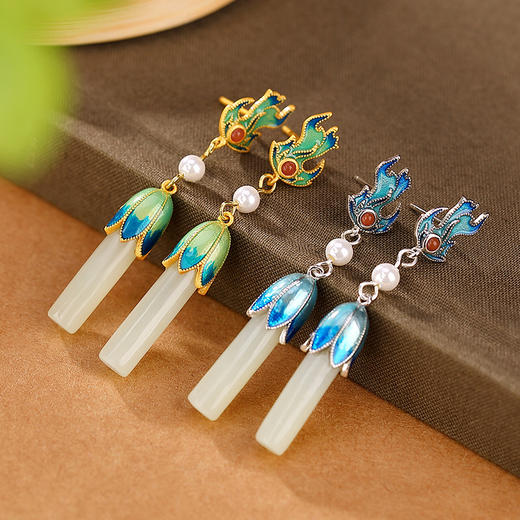 S925纯银镀金，和田玉国潮景泰蓝火焰郁金香长款耳钉耳坠耳饰CW-225 商品图0