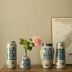 「景德镇手绘青花柿柿如意双喜粗陶台面花瓶」中式复古婚庆装饰花器