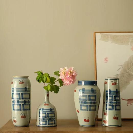 「景德镇手绘青花柿柿如意双喜粗陶台面花瓶」中式复古婚庆装饰花器 商品图0