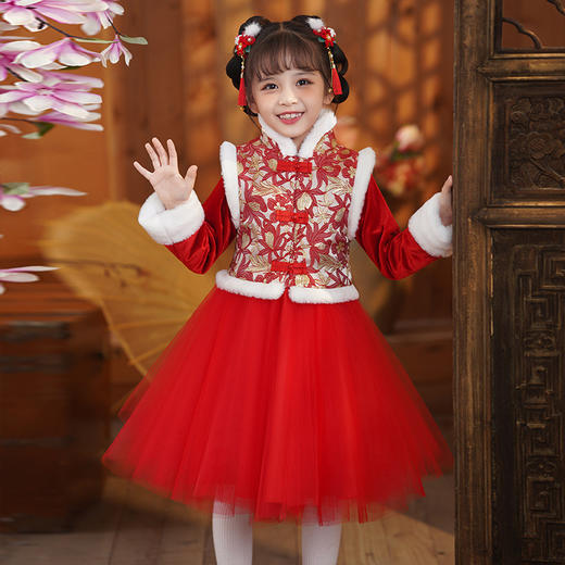 DY-9905汉服儿童拜年服套装冬款加绒女孩中国风唐装新年演出服女童裙 商品图2