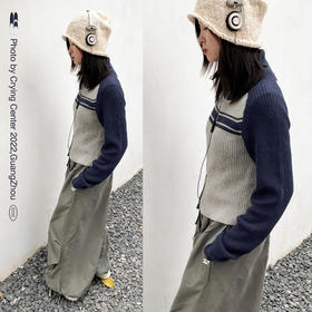 CryingCenter 拼色条纹短款双向拉链高领毛衣针织开衫 哭喊中心