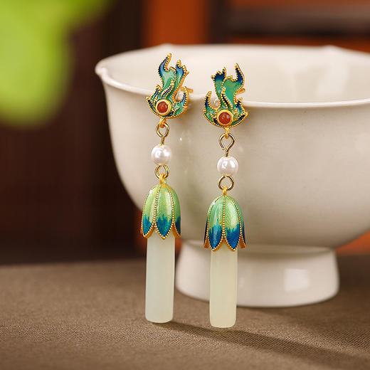 S925纯银镀金，和田玉国潮景泰蓝火焰郁金香长款耳钉耳坠耳饰CW-225 商品图1