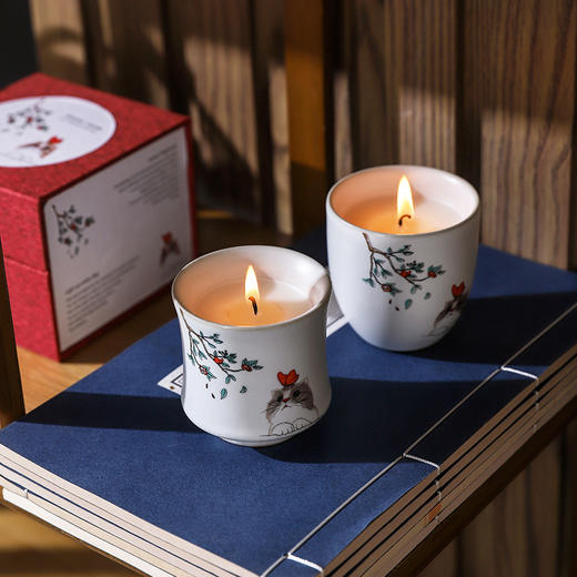国风汝窑陶瓷猫咪艺术香薰蜡烛礼盒  喜庆熏香无烟香氛香味蜡烛礼盒套装 商品图1