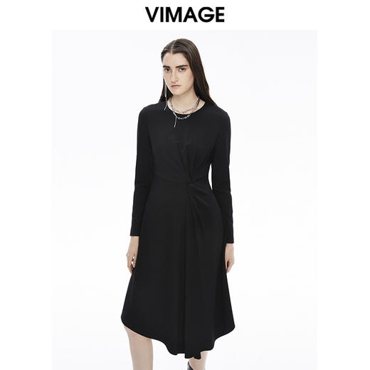 VIMAGE纬漫纪秋季新款纯色百搭显瘦收腰不规则下摆连衣裙女V1607230 商品图0