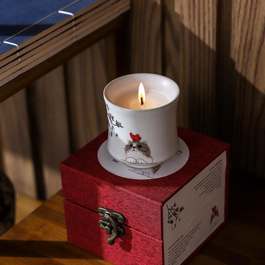国风汝窑陶瓷猫咪艺术香薰蜡烛礼盒  喜庆熏香无烟香氛香味蜡烛礼盒套装 商品图2