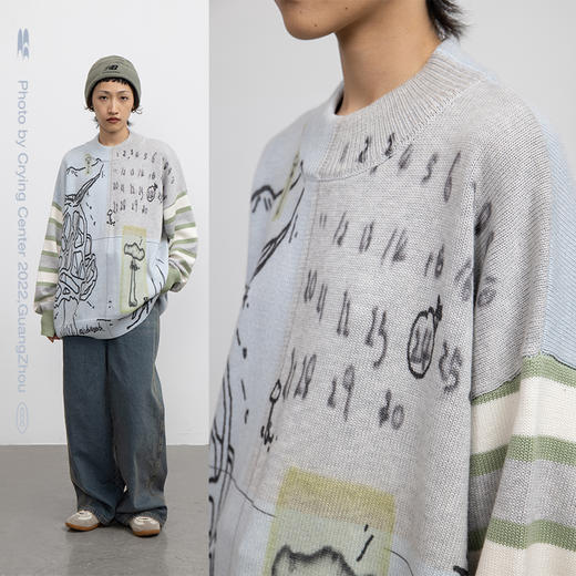 CryingCenter 蘑菇日记 宽松圆领套头 条纹袖子 拼色毛衣 商品图0