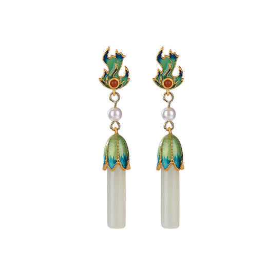 S925纯银镀金，和田玉国潮景泰蓝火焰郁金香长款耳钉耳坠耳饰CW-225 商品图4