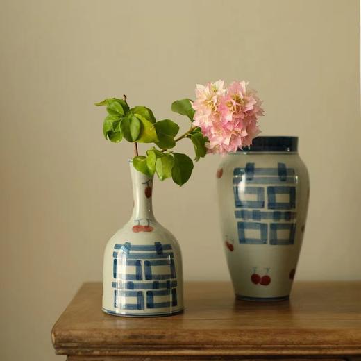 「景德镇手绘青花柿柿如意双喜粗陶台面花瓶」中式复古婚庆装饰花器 商品图2