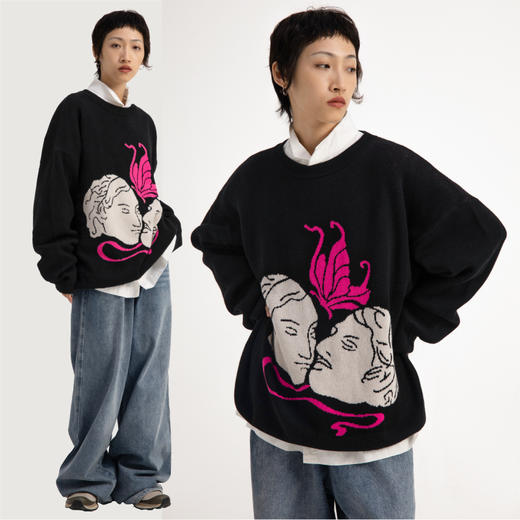 CryingCenter 恋人间的粉色蝴蝶 好穿粉白色印花黑毛衣 哭喊中心 商品图0