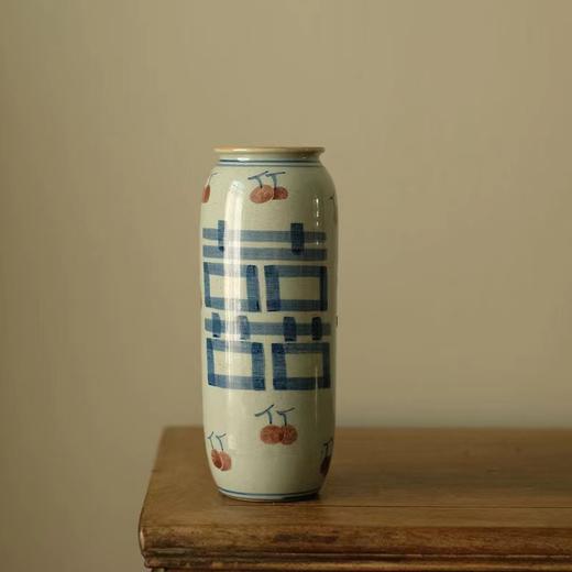 「景德镇手绘青花柿柿如意双喜粗陶台面花瓶」中式复古婚庆装饰花器 商品图6