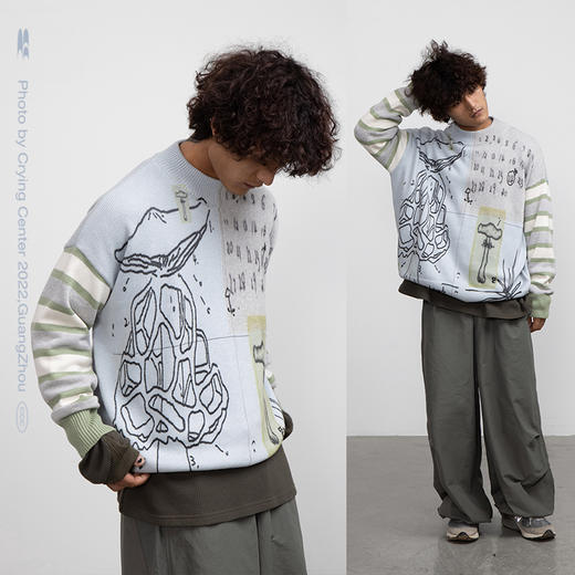 CryingCenter 蘑菇日记 宽松圆领套头 条纹袖子 拼色毛衣 商品图2