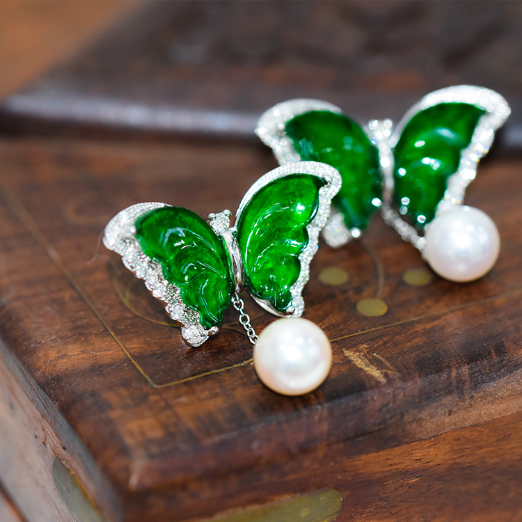 翡翠大蝴蝶明珠耳环【现货】
