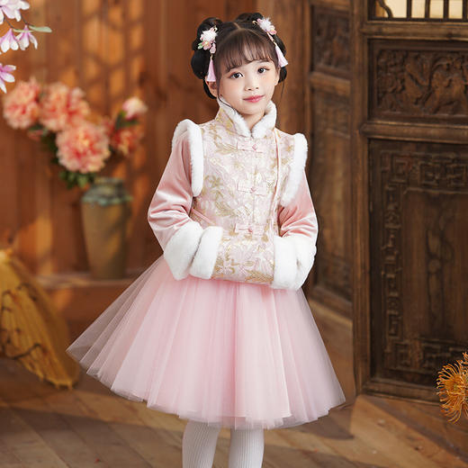 DY-9905汉服儿童拜年服套装冬款加绒女孩中国风唐装新年演出服女童裙 商品图3