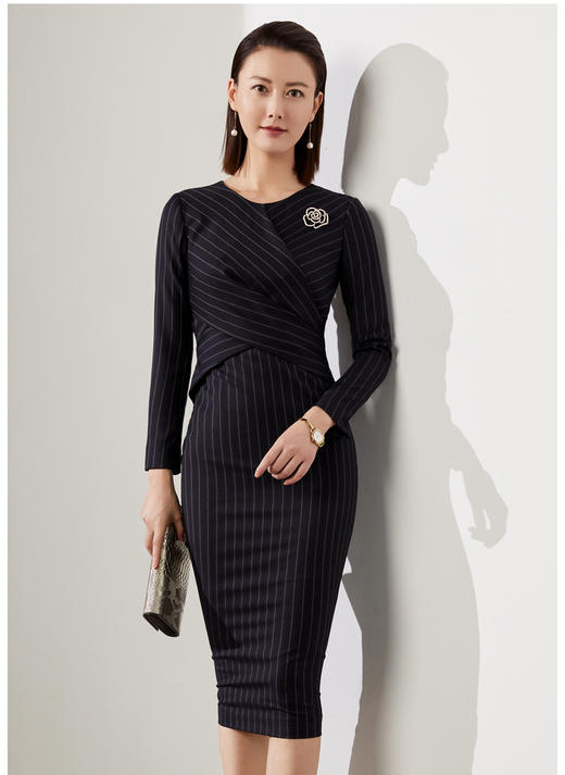 J20384605A 2020秋冬装新款通勤修身女士气质时尚名媛长袖职业包臀连衣裙颈袖添香 商品图1
