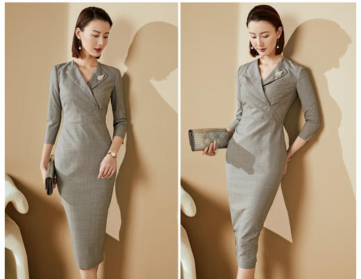 J20484637 颈袖添香季新款时尚修身气质中长款V领包臀显瘦女士连衣裙 商品图4