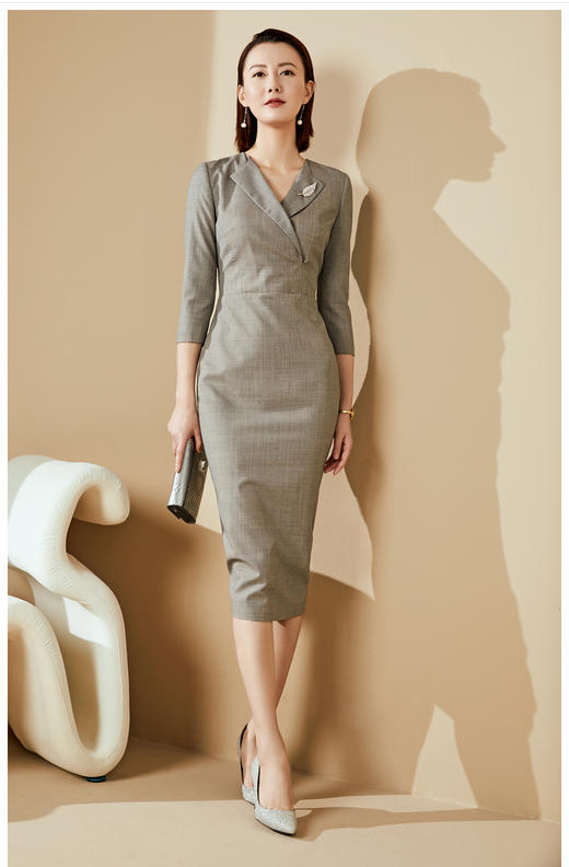 J20484637 颈袖添香季新款时尚修身气质中长款V领包臀显瘦女士连衣裙 商品图3