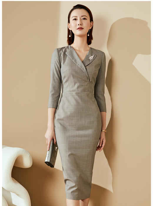 J20484637 颈袖添香季新款时尚修身气质中长款V领包臀显瘦女士连衣裙 商品图2