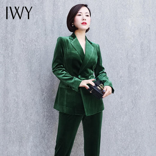 IWY/高端墨绿色丝绒西装套装女气质时尚双排扣职业装工作服OL 194109C1+P1 商品图4