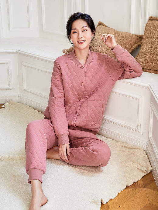 康妮雅睡衣家居服 女式长袖长裤开襟套装 厚款 商品图3