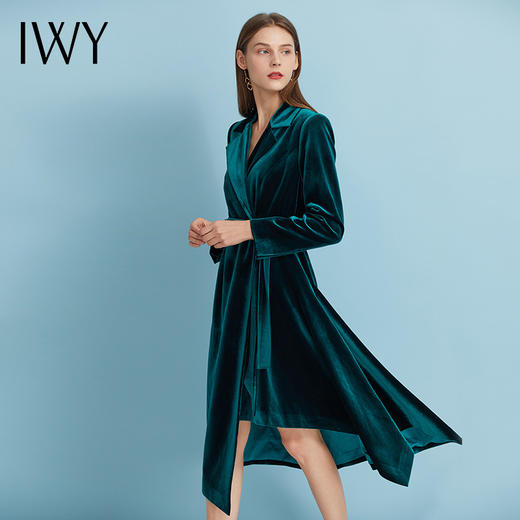 IWY/秋冬新款裙子女复古丝绒连衣裙墨绿色长裙系带a字裙收腰显瘦194002Q1 商品图2