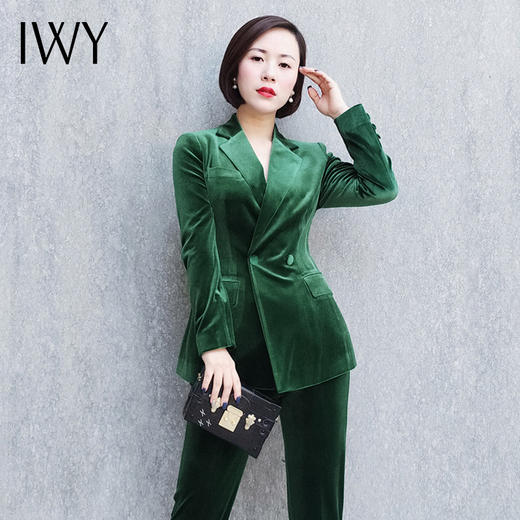 IWY/高端墨绿色丝绒西装套装女气质时尚双排扣职业装工作服OL 194109C1+P1 商品图5