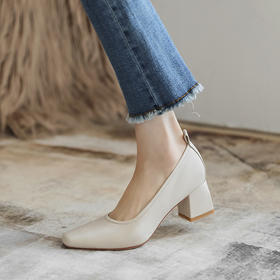 方头单鞋女2023新款女式单鞋休闲柔软浅口奶奶鞋女粗跟女鞋子pik04