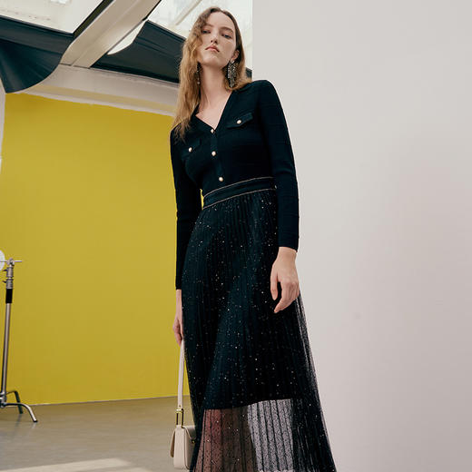 EITIE爱特爱春季新品高腰修身优雅蕾丝拼接连衣裙7307001 商品图3